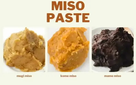 Trzy rodzaje japońskiej pasty z soi: mugi, kome i mame miso, różniące się kolorem i teksturą.