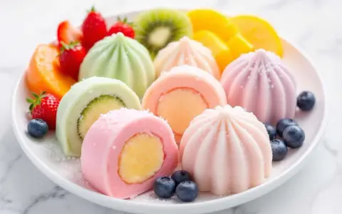 Assortiment coloré de mochis glacés aux fruits, parfaits pour une recette mochi glacé facile et gourmande. Fraises, kiwis, mangues et myrtilles accompagnent ces délices.