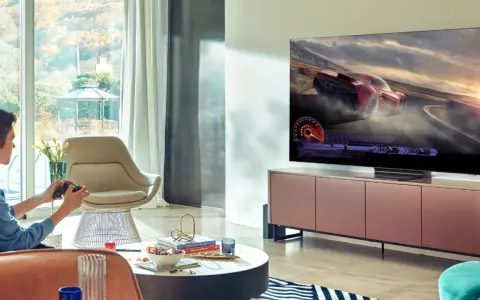 Chłopak gra w wyścigi na telewizorze 55 cali. Idealna odległość od ekranu zapewnia wciągające wrażenia.