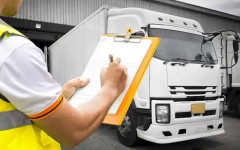 Pracownik w kamizelce odblaskowej wypełnia dokumentację transportową przy białej ciężarówce.