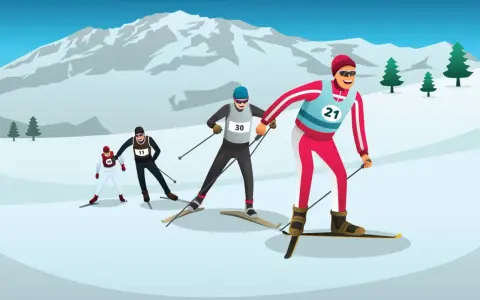 Tävlande i en **arctic circle race** kämpar sig fram i snön, med snöklädda berg och granar i bakgrunden.