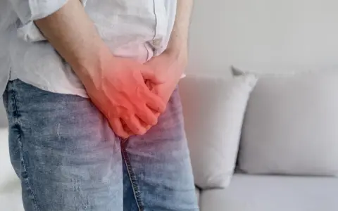 Mężczyzna trzyma się za krocze, gdzie widoczny jest czerwony obszar bólu, sugerujący chorobę Peyroniego.