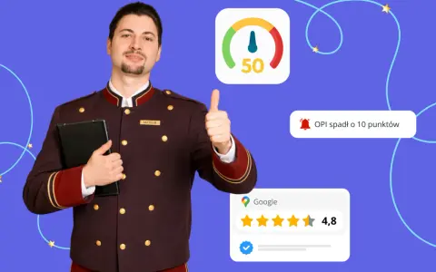 Uśmiechnięty pracownik hotelu z tabletem, kciukiem w górę, pokazuje wyniki monitoringu internetu: wskaźnik 50, spadek OPI o 10 punktów i ocenę Google 4,8.
