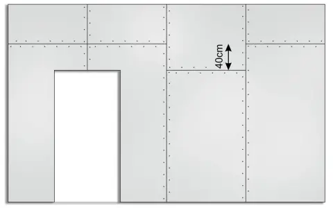 Schemat przedstawia fragment ściany z płyt gipsowo-kartonowych, z zaznaczonymi wymiarami płyty gk 40cm.