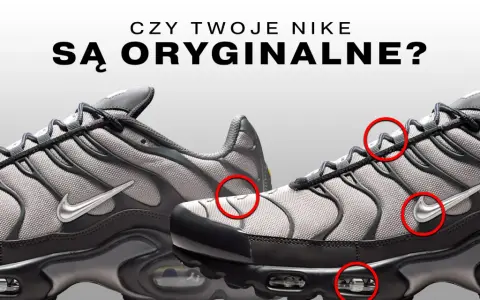 Szare buty sportowe Nike z czerwonymi kółkami wskazującymi detale.