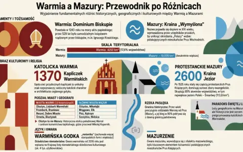 Mapa przedstawia różnice między Warmią a Mazurami, pokazując ich historię, kulturę i krajobraz. Gdzie są Mazury? Na północnym wschodzie Polski, krainę jezior.
