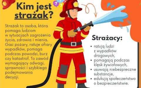 Odważny strażak w czerwonym stroju gasi pożar wodą z węża. Pomaga ludziom w potrzebie.
