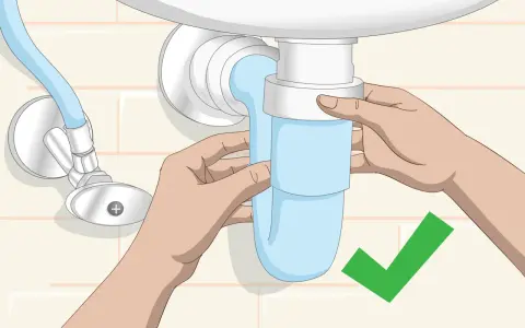 Manos ajustando el sifón azul del lavabo. Un símbolo de verificación verde indica que la tarea de cambiar sifón lavabo está completa.