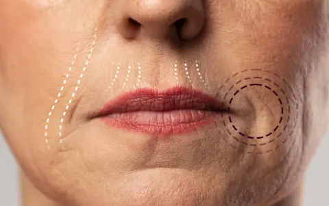 Primo piano del volto di una donna con linee tratteggiate che indicano le aree interessate da rughe naso labiali, suggerendo come eliminare le rughe naso labiali.