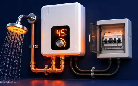 Moderner durchlauferhitzer starkstrom mit digitaler Anzeige (45°C) und Sicherungskasten. Warmes Wasser für die Dusche.