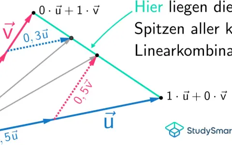 Vektoren u und v bilden eine konvexe Linearkombination. Die Spitzen aller konvexen Linearkombinationen liegen auf der Linie zwischen 0·ũ + 1·v und 1·ũ + 0·v.