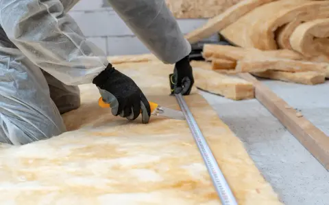 Pose d'isolant pour optimiser la résistance thermique du bois. Un ouvrier mesure et découpe la laine de verre.