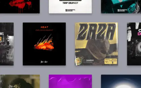 Płonący płomień na czarnym tle, obok napis "HEAT EXPLOSIVE DRUM KIT". To idealny trap drum kit dla każdego producenta.