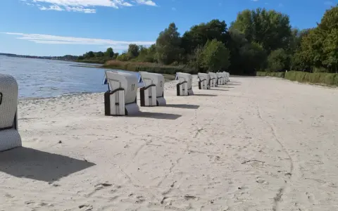 Reihe von Strandkörben am klink strand. Das Wasser glitzert im Hintergrund, Bäume säumen den Horizont.