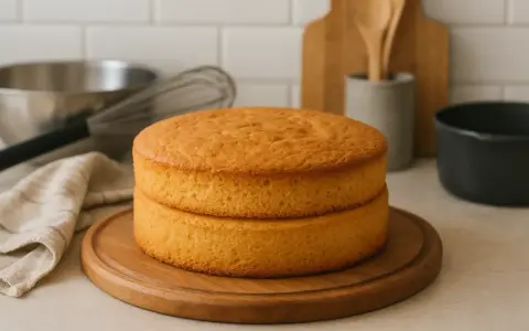 Deux disques de génoise moelleuse, prêts pour une recette gourmande. Ustensiles de pâtisserie en arrière-plan.