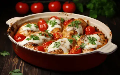 Pyszny filet z kurczaka zapiekany z mozzarellą i pomidorami, posypany świeżą natką pietruszki, w ceramicznym naczyniu.
