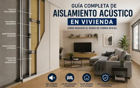 Detalle de materiales acústicos en una pared: lana mineral, amortiguadores y estructura metálica. Guía de aislamiento en vivienda.