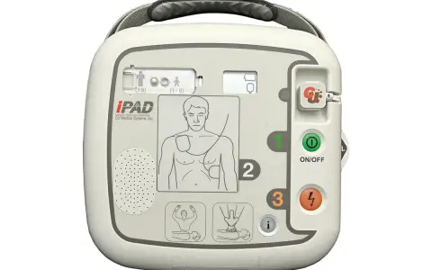 Automatyczny defibrylator zewnętrzny (AED) iPAD w kolorze białym, z widocznymi przyciskami i instrukcjami.