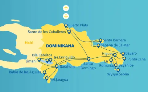 Mapa Dominikany z zaznaczonymi atrakcjami: Puerto Plata, Santo Domingo, Punta Cana, Wyspa Saona. Planuj podróż i odkryj, co zobaczyć w Dominikanie!