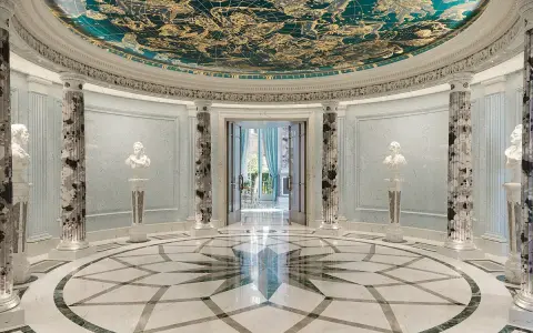 Majestuosa arquitectura interiorismo con techo de constelaciones doradas, columnas de mármol y un suelo geométrico.