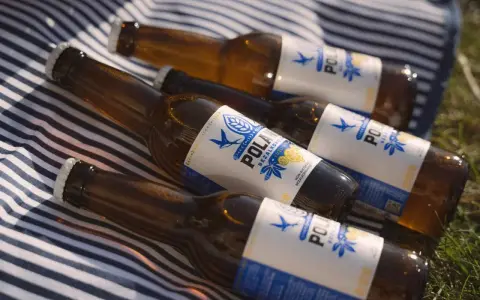 Butelki piwa POLAN z napisem "BEZALKOHOLOWE" leżą na kocu w paski. To piwo ma 0 alkoholu, idealne na upalne dni.