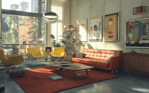 Gemütliches Wohnzimmer im Midcentury Stil mit orangefarbenem Sofa, gelben Sesseln und einem Holztisch.