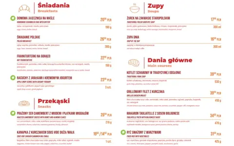 Menu z daniami głównymi, zupami i śniadaniami. Wśród pozycji: kotlet schabowy, makaron tagliatelle z sosem bolognese, żurek, jajecznica. Wagon restauracyjny oferuje różnorodne posiłki.