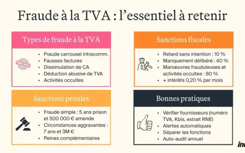 Les différents types de fraudes à la TVA incluent les fausses factures, la dissimulation de CA et les activités occultes. L'image détaille aussi les sanctions fiscales et pénales, ainsi que les bonnes pratiques pour éviter ces fraudes.