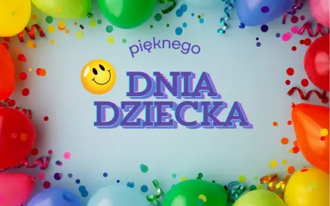 Kolorowe balony i konfetti tworzą radosną oprawę dla śmiesznych życzeń na Dzień Dziecka. Uśmiechnięta buźka i napis "Pięknego Dnia Dziecka" zapraszają do zabawy.