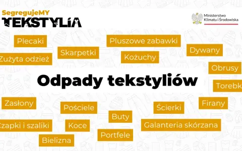 Grafika informuje o segregacji odpadów tekstylnych, wymieniając m.in. zużytą odzież, koce, pościele i obuwie.