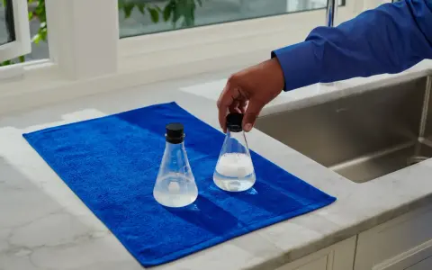 Main tenant une fiole pour mesurer th eau, posée sur une serviette bleue à côté d'une autre fiole.