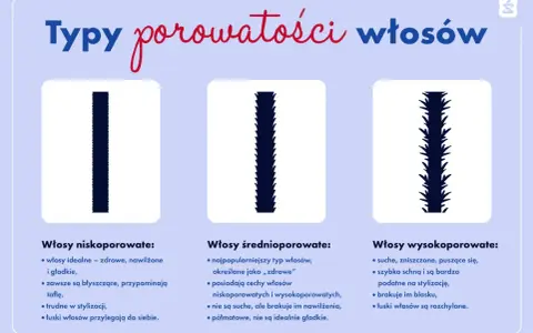 Ilustracja przedstawia trzy typy włosów: niskoporowate (gładkie), średnioporowate (półmatowe) i wysokoporowate (puszące się).