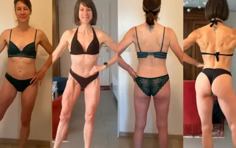 Femme musclée, 50 ans, en lingerie. Elle montre sa silhouette athlétique sous différents angles, fière de ses progrès.