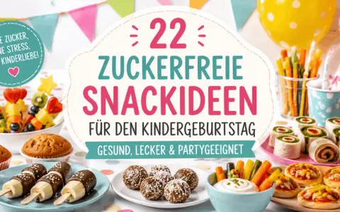 Bunte Deko, Luftballons und leckere, zuckerfreie Snackideen für den Kindergeburtstag: Obstspieße, Muffins, Bananen-Pops und Gemüsesticks mit Dip.