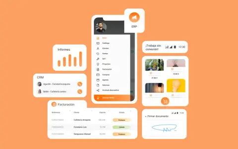 Interfaz de un programa para hacer presupuestos y facturas gratis, con módulos de informes, CRM y facturación.