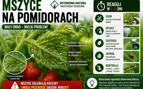 Mszyce na pomidorach – mały owad, wielki problem. Kolonie zielonych mszyc żerują na liściach, osłabiając rośliny.
