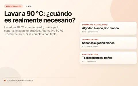 Guía sobre a qué temperatura se lava la ropa blanca. Muestra opciones como 60°C para sábanas y toallas, y 90°C para desinfección.