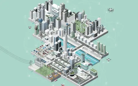 Vernetzte Gebäude, Drohnen und autonome Fahrzeuge illustrieren, was sind smart cities: eine Stadt der Zukunft.