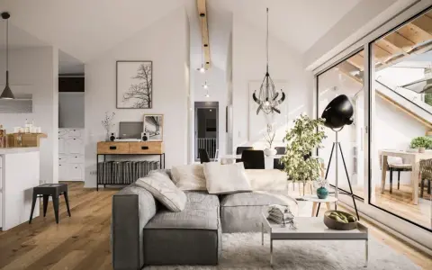 Un salon lumineux et spacieux, parfait pour **rénover mon appartement**. Canapé gris, parquet, et une grande baie vitrée donnant sur une terrasse.