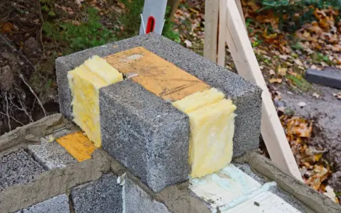 Isolering av lecablock med glasull. En bit trä ligger mellan blocken.