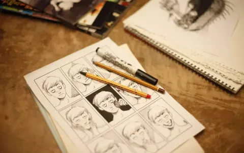 Panel komiksowy z różnymi wyrazami twarzy, narysowany jedną kreską. Obok leżą ołówki i marker.