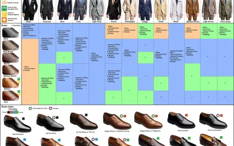 A guide to suits and shoes, showing a man in a black suit and white shoes.