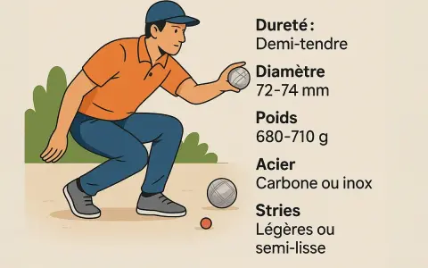 Un joueur de pétanque lance une boule. Que faire si la boule de pétanque qui glisse ? Informations sur la dureté, le diamètre, le poids, l'acier et les stries.