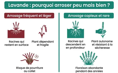 Faut-il arroser la lavande ? L'image compare l'arrosage fréquent et léger (racines superficielles, plante fragile) à l'arrosage copieux et rare (racines profondes, plante résistante).