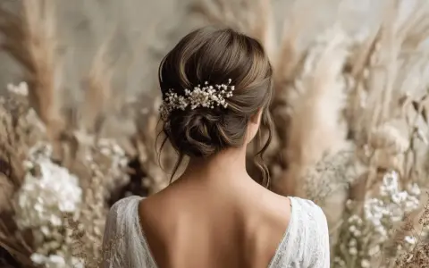 Elegante peinado de novia con un recogido bajo adornado con delicadas flores blancas. El vestido de encaje y el fondo de pampas completan el look nupcial.