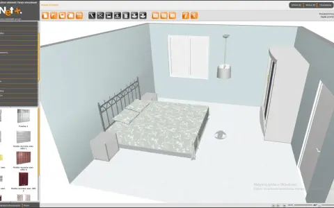 Program do projektowania wnętrz w widoku 3D. Widok sypialni z łóżkiem, szafą i oknem. Możliwość wyboru elementów wyposażenia.