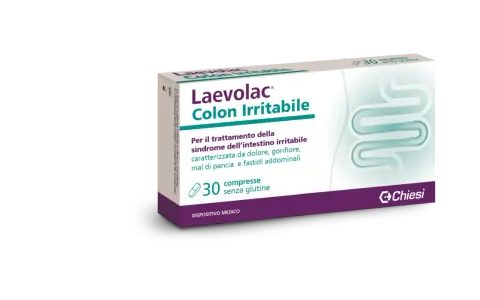 Confezione Laevolac Colon Irritabile, 30 compresse senza glutine, per il trattamento della sindrome dell'intestino irritabile. Contiene mebeverina cloridrato.