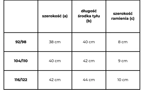 Tabela rozmiarów odzieży. Rozmiar 92/98 ma szerokość 38 cm, długość środka tyłu 40 cm i szerokość ramienia 8 cm.