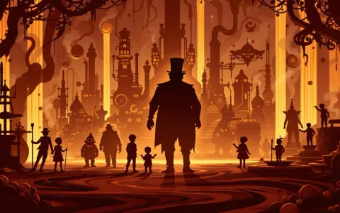 En silhuett av en man med hög hatt står framför en surrealistisk, gyllene stad. Barn och andra figurer omger honom, som hämtade ur filmer med Tim Burton.