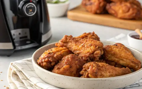 Knusprige chicken wings aus dem Airfryer in einer Schüssel, daneben ein Dip und der Airfryer.